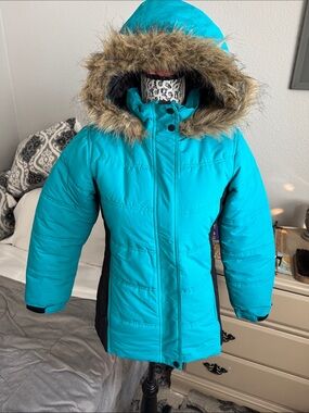 Pulse Teal Hooded kids girls warm Winter ski Coat with Faux Fur Trim Sz xl 18
